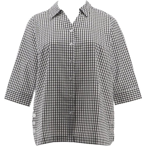 NWT JOAN RIVERS TEXTURED BUTTON FRONT SHIRT W/SIDE BUTTONS WHITE/BLACK XS, XXS - Picture 1 of 14